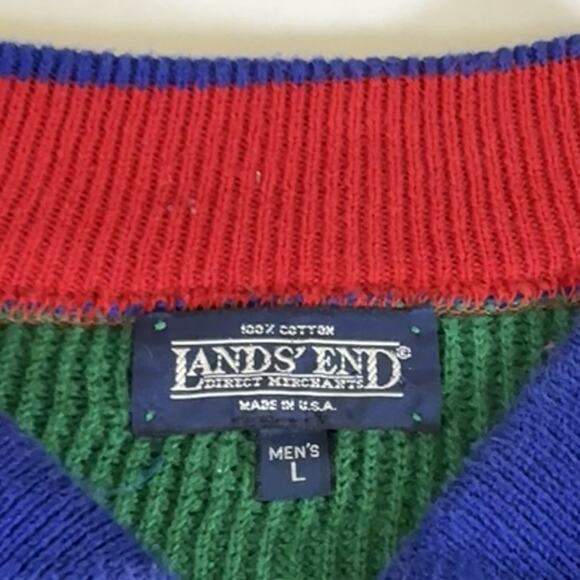 Lands End Vtg 90s Button Henley Cotton Sweater Color Block Made USA Mens L - Picture 5 of 9